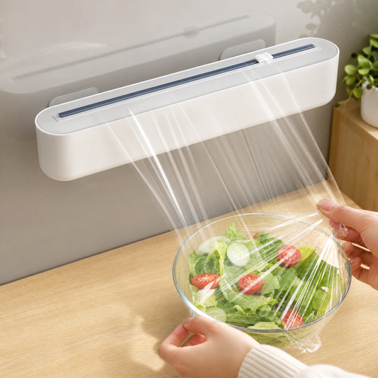 Folienkoenig an der Wand, Frischhaltefolie wird ueber Salat gezogen