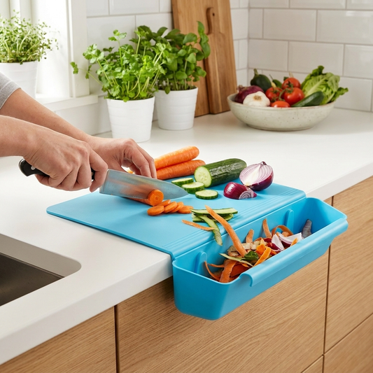 ChefCatch Schneidebrett in Aktion blau